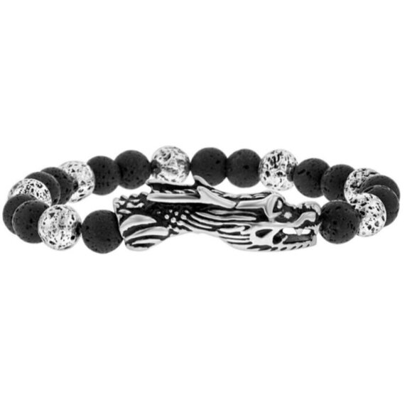 New Ed Hardy Stainless Steel Dragon Black Volcanic Rock Beaded Naga Bracelet - Picture 1 of 9